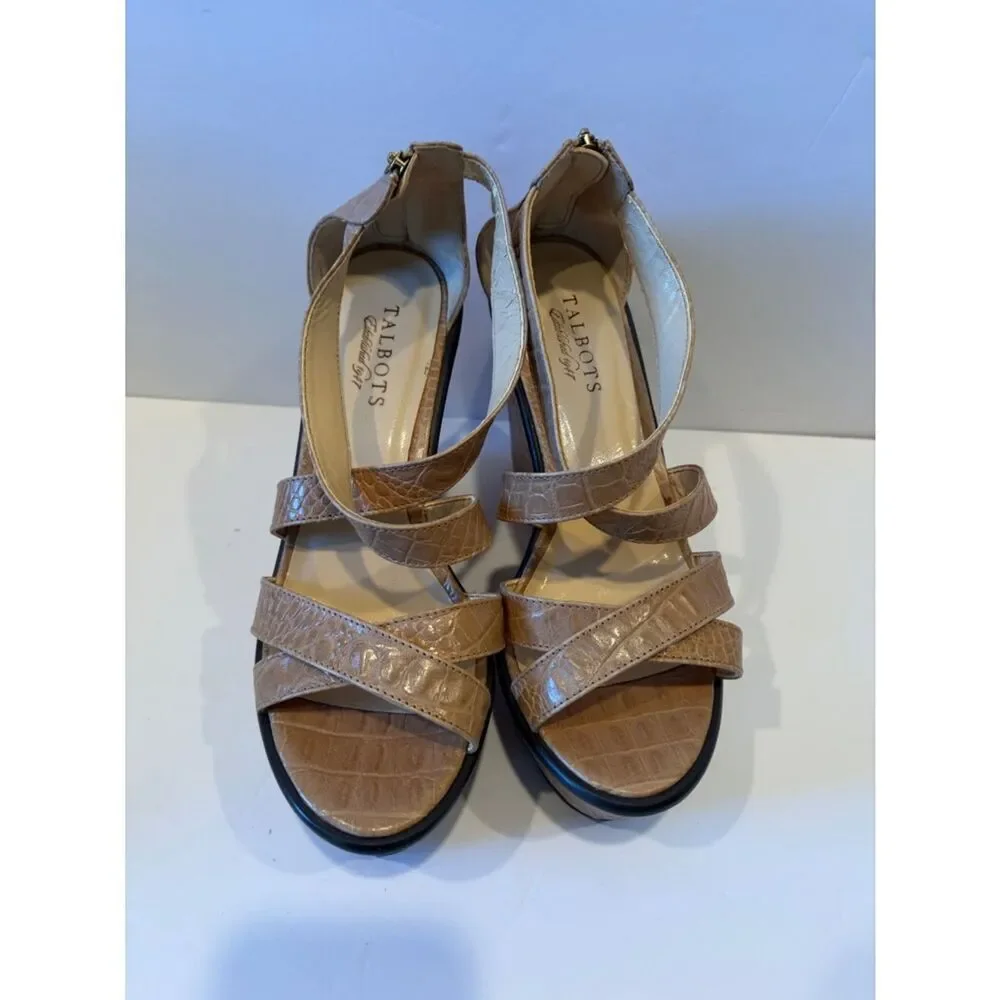 Talbots Beige Croc-Embossed Wedge Sandals